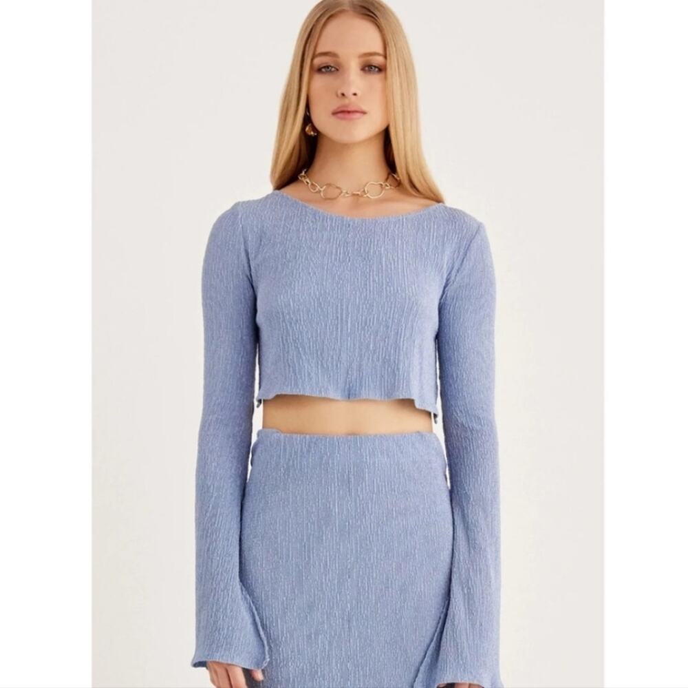 RUMER The Label Tucker Blue Crinkle Crop Top XS NWT Bell Sleeve Open Back